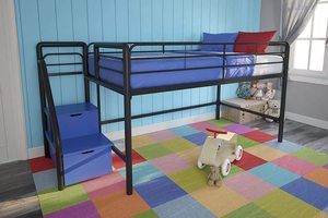 #8. DHP Junior Black Twin Metal Loft Bed with Blue Steps