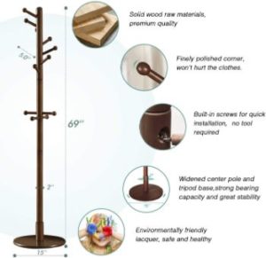 #2. Vlush Sturdy Coat Rack Stand, Wooden, Entryway Hall Tree