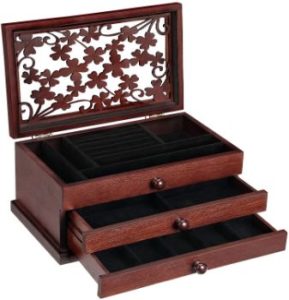 9. SONGMICS Wooden Jewelry Box with Floral Carving
